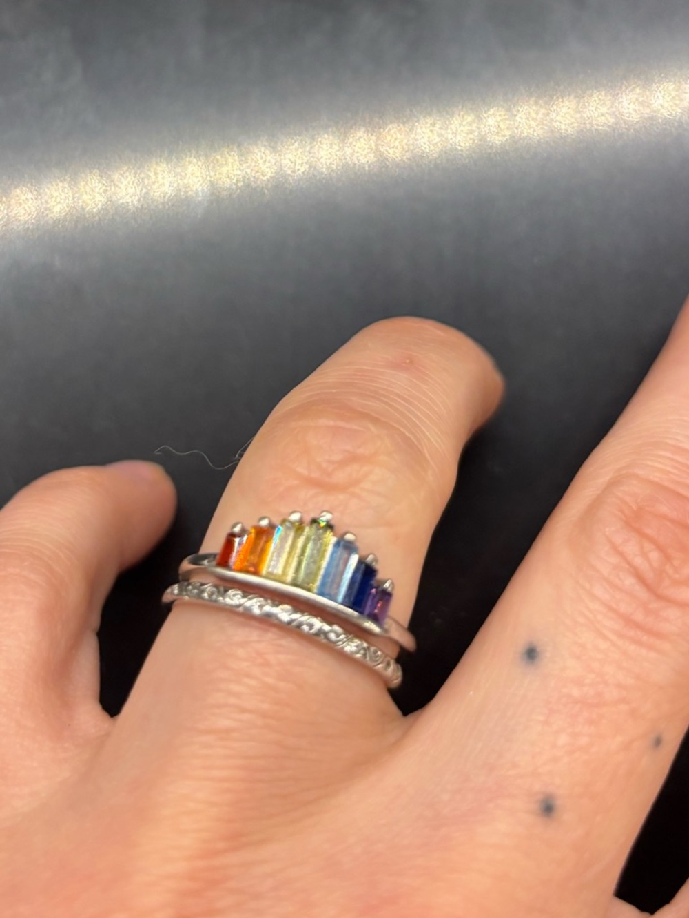 Rainbow Baguette Bar Ring with Pavé Band - Multicolor